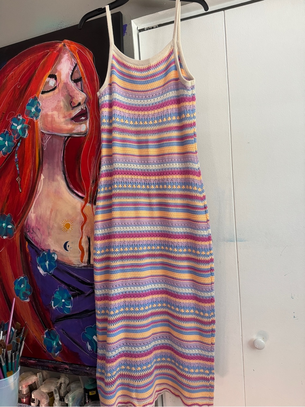 No Boundaries Pastel Striped Open Knit Maxi Dress Scalloped Hem Large - Picture 11 of 12